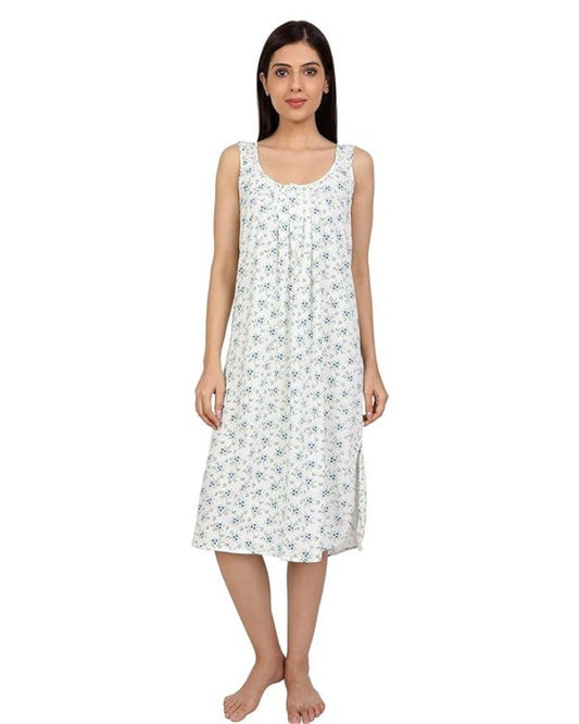 TWGE Cotton Full Length Camisole for Women - Long Innerwear - Color Blue Flower