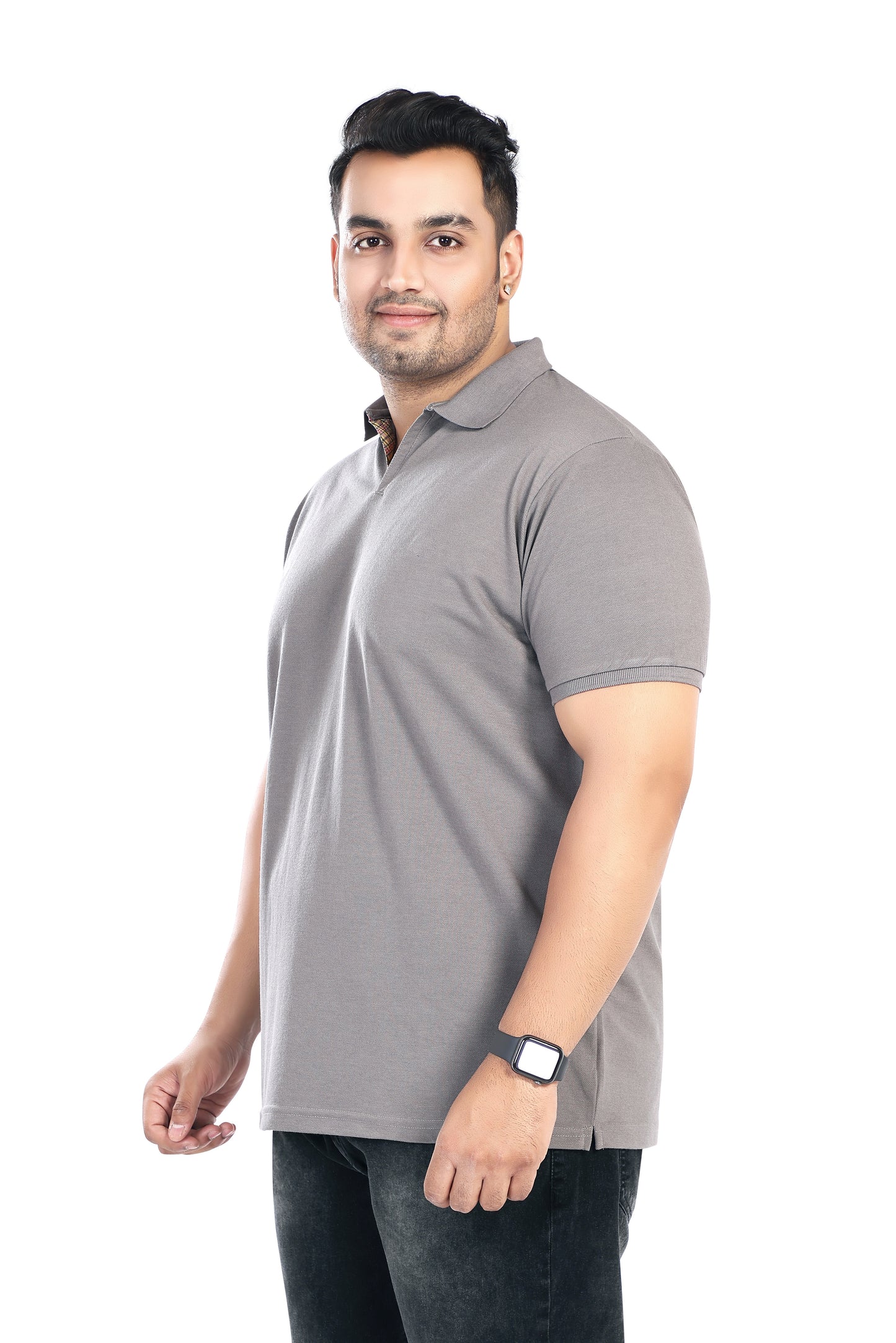 Pluss Tribe - Men's Solid Color Polo T-shirt - Half Sleeves , Collar T Shirt For Plus Size - Grey - Pack of 1