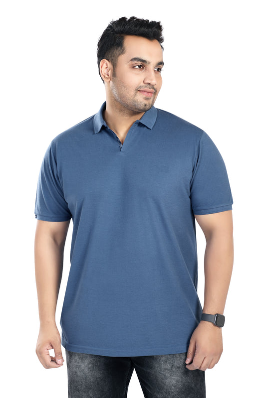 Pluss Tribe - Men's Solid Color Polo T-shirt - Half Sleeves , Collar T Shirt For Plus Size - Blue - Pack of 1