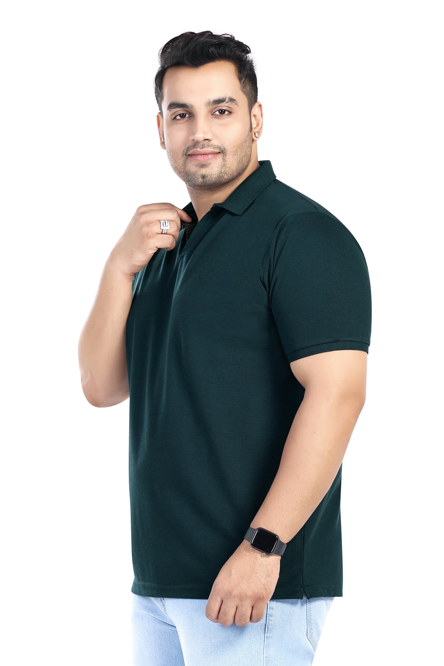 Pluss Tribe - Men's Solid Color Polo T-shirt - Half Sleeves , Collar T Shirt For Plus Size - Dark Green - Pack of 1