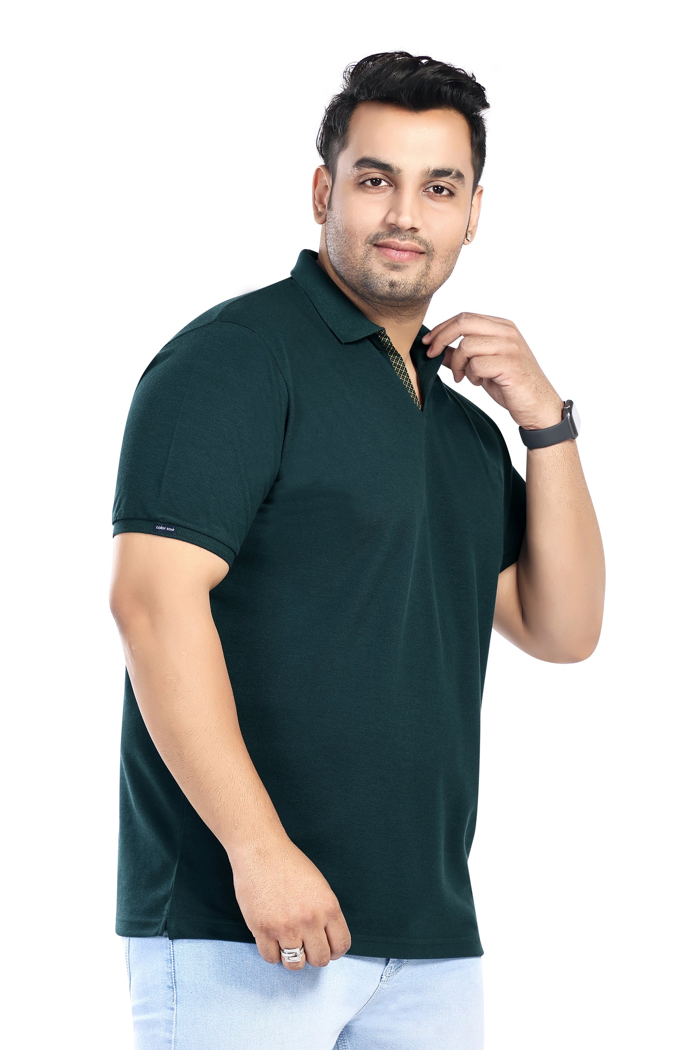 Pluss Tribe - Men's Solid Color Polo T-shirt - Half Sleeves , Collar T Shirt For Plus Size - Dark Green - Pack of 1